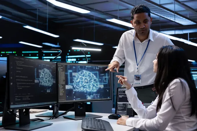 Coworkers doing brainstorming solving tasks in ai